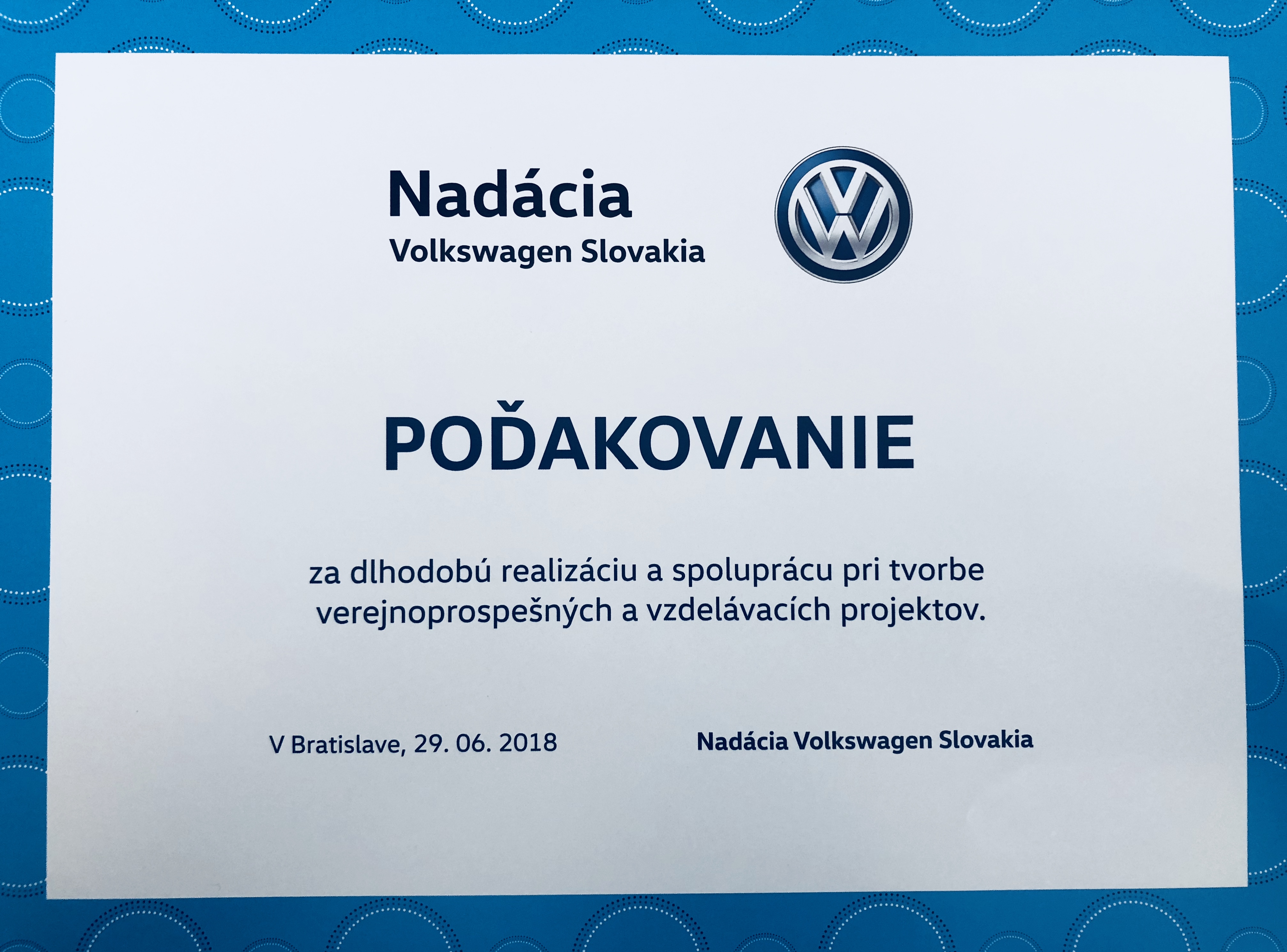POĎAKOVANIE Nadácie Volkswagen Slovakia